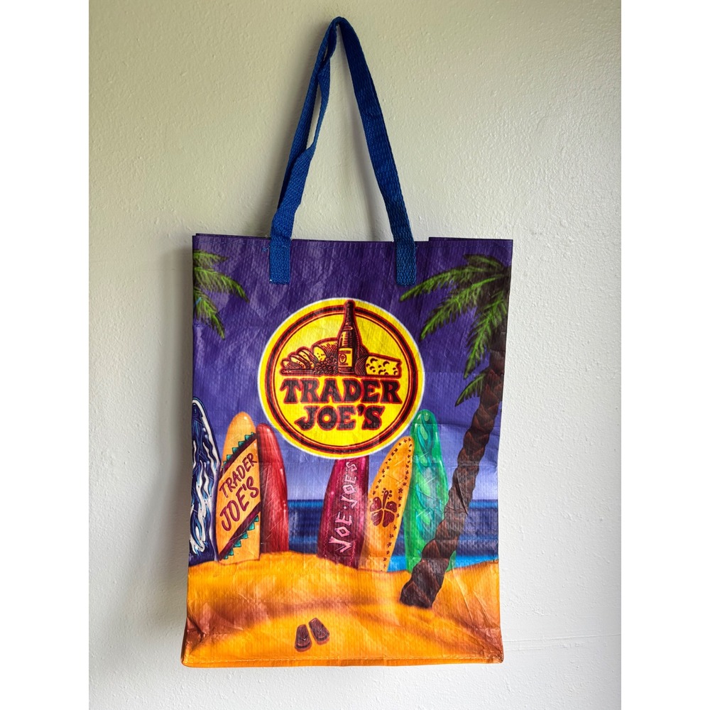 Trader Joe's Reusable Grocery Bag Tropical Beach Surfboard Tote Multicolor Rare